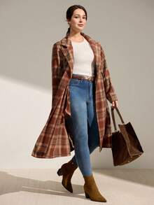 Momelise Plus Size Women Plaid Waist Strap Cinched Waist Pocket Casual Jacket, Autumn/Winter