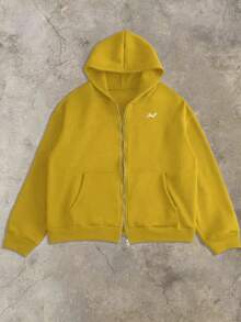 Manfinity Dauomo 男式字母印花长袖拉链休闲连帽衫 - 黃色 - 查看 4