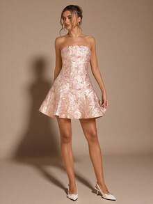 SHEIN BAE 女士秋冬纯色纹理花卉露肩修身迷你提花连衣裙，3D花卉装饰，奢华派对/宴会/茶会礼服，法式露背镂空优雅公主裙，性感优雅，适合秋冬女士礼服，生日，婚礼宾客服装，早午餐优雅礼服 - 粉色 - 查看 6