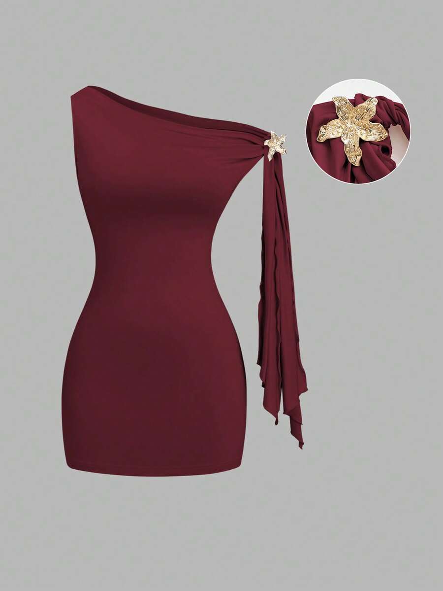Sweetra Sexy Black Wrap Dress With Asymmetric Ruffle Sleeves, Fitted Waist And Bodycon Silhouette, Elegant French Style - Burgundy - View 1