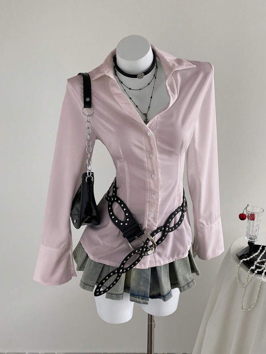 SHEIN Unity 女式纽扣长袖褶饰修身优雅纯色衬衫 - 西瓜粉 - 查看 1