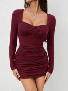 SHEIN Tall 甜心领蕾丝边褶饰修身黑色紧身连衣裙 - 酒紅色 - 查看 4