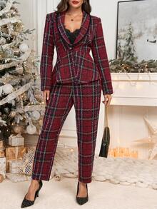 Ellevyn Women's Peter Pan Collar Cinched Waist Long Sleeve Metal Button Red Plaid Christmas Wool Tapered Pants, Elegant For Everyday Wear - Multicolor - View 8