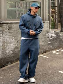 DAZY Gothic Letter Print Zip-Up Hoodie Set, Navy Blue For Men, Autumn - Navy Blue - View 4