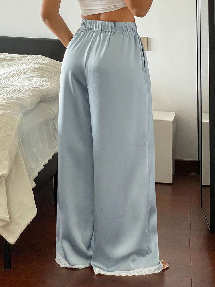 Satin Contrast Color Ruffle Patchwork Wide Leg Women Cozy Loungewear Bottoms Pajama