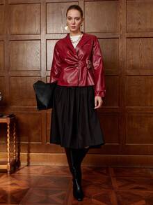 SHEIN LUNE Women's Asymmetric Collar Design Cinched Waist Overlapping Waist Metal Decor Long Sleeve Shirt, Casual For Autumn/Winter - Red - View 5