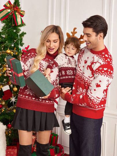 SHEIN LUNE 女士休闲圣诞高领毛衣，亲子套头衫，女士圣诞毛衣，红色圣诞毛衣，丑陋圣诞毛衣，母女圣诞毛衣，女士圣诞毛衣，女士圣诞毛衣