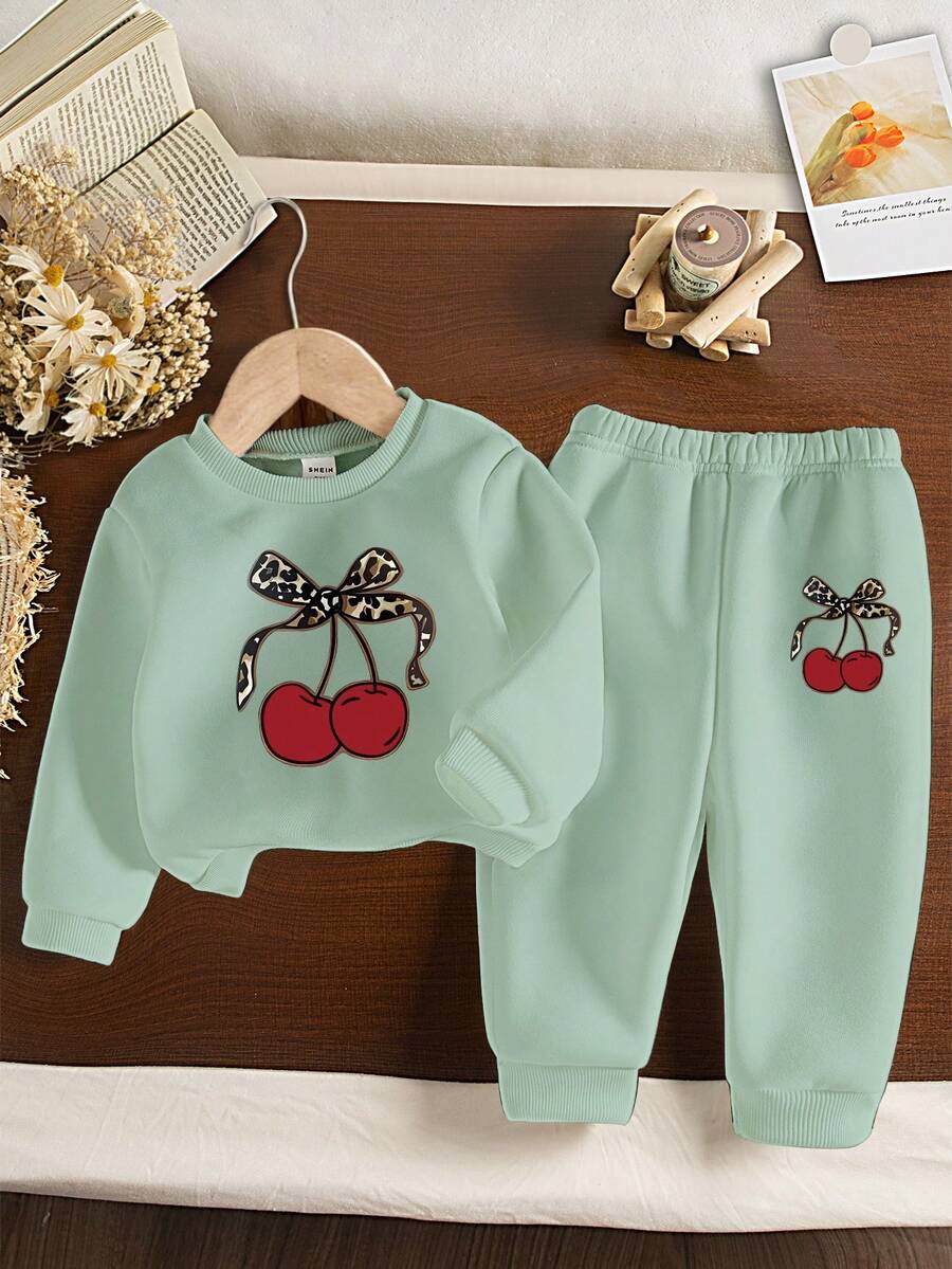 SHEIN 1 Set Baby Girls Casual Fashionable Cute Leopard Bow Cherry Pattern Crew Neck Sweatshirt And Sweatpants Set, Autumn/Winter Infant Outfits