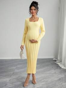 Momance 孕妇宽松方领罗纹喇叭下摆长袖针织毛衣裙，舒适优雅