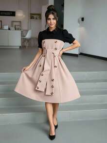 少女拼色泡泡袖迷你连衣裙 - 卡其色 - 查看 1