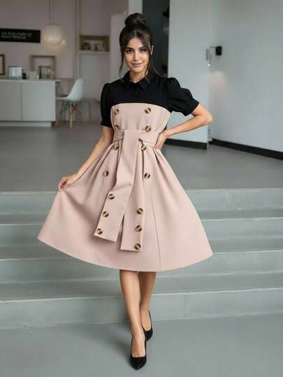 少女拼色泡泡袖迷你连衣裙