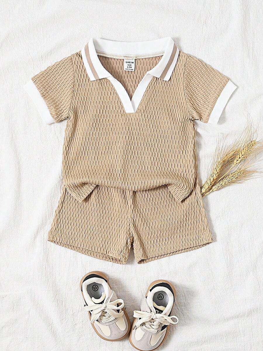 SHEIN Vintaside Kids Baby Boy Summer Solid Green Set, Polo Collar Short Sleeve Top Paired With Matching Shorts, Minimalist Style No Graphic, Loose Fit, Suitable For Outdoor Play, Casual Home, Light Sports - Khaki - View 1