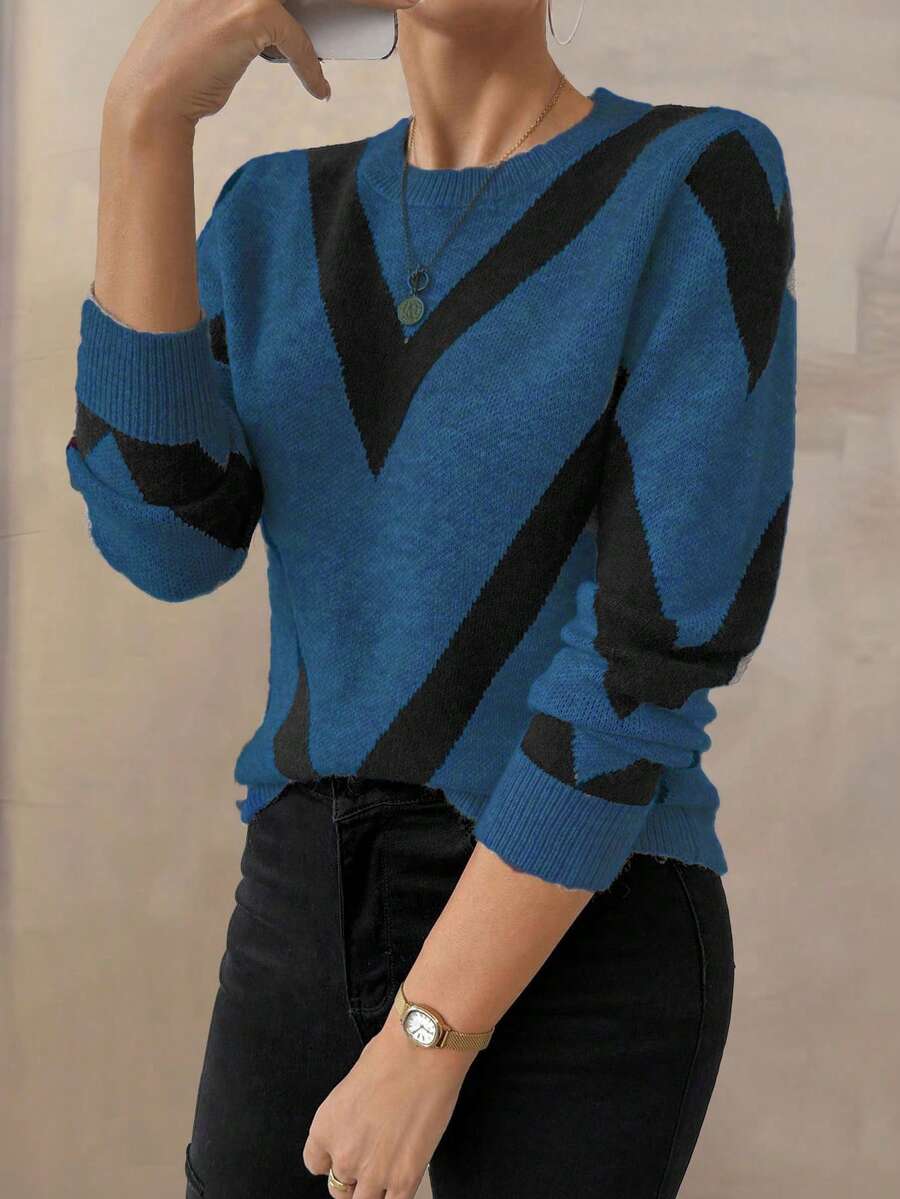SHEIN LUNE 秋冬新品 拼色几何条纹毛衣 - 彩色 - 查看 1