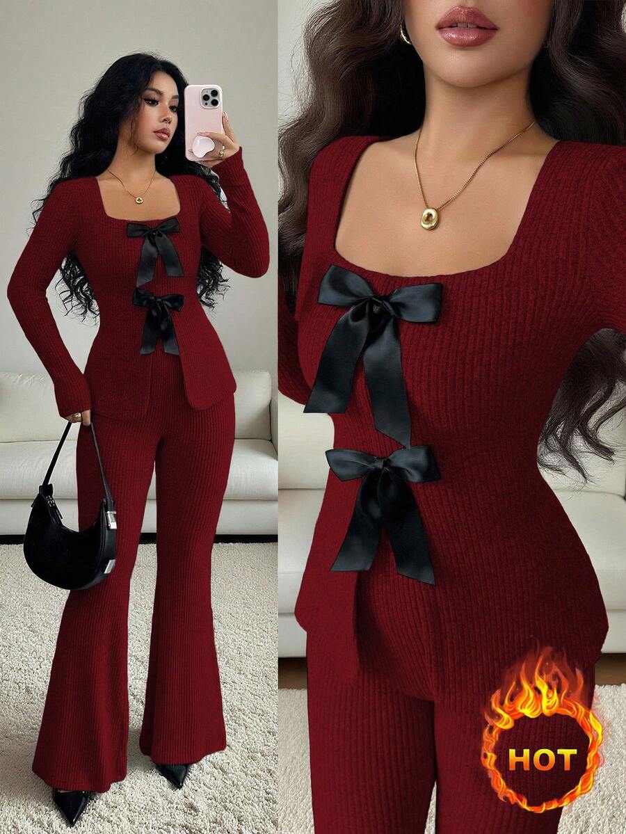 Elenzga 女士优雅云朵绒罗纹高腰蝴蝶结领长袖收腰上衣和喇叭裤两件套 - 紅色 - 查看 1