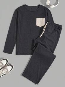 EURMUSE Men Stripe Printed Fabric With Pocket Regular Longsleeve & Pants Homewear Set - Navy Blue - View 1