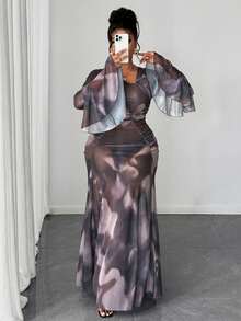 Maweii Đầm dài gợi cảm, hơi xuyên thấu, chất liệu lưới, in họa tiết bất đối xứng, xếp ly ở vai, tay áo loe lệch, eo ôm sát, gấu đầm xòe, thích hợp cho mùa xuân/thu, nghỉ dưỡng và du lịch hè. - Nhiều màu - Xem 5