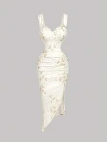 SHEIN MOD Váy midi thêu hoa thanh lịch viền bất đối xứng dành cho nữ - Màu be - Xem 2