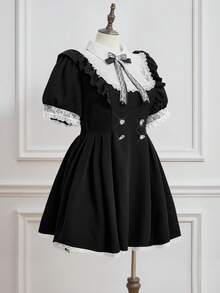 ROMWE EDITION Đầm xòe xếp ly cổ Peter Pan họa tiết ren chắp vá dễ thương cỡ lớn cho nữ - màu đen - Xem 6