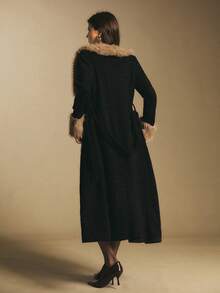 Poéselle Black Belted Faux-Fur Collar Maxi Coat – Longline Wrap Trench With Plush Cuffs & Subtle Sparkle,Longline Maxi Trench,Holiday Party Outerwear,Glamorous Winter Coat,Faux Fur Trim Jacket,Black Evening Coat,Statement Collar Coat,Women's Fashionable Fuzzy Patchwork Jacket, Autumn/Winter,Winter Clothes For Women - Black - View 2