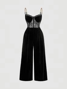 SHEIN MOD 加大码黑色金属链带蕾丝拼布连体裤，加大码，纯色蕾丝紧身胸衣交叉吊带阔腿连体裤，新年，情人节裤子，蕾丝连体裤，高腰女裤 - 黑色 - 查看 5