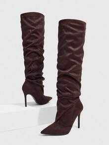 CUCCOO SZL Rhinestone Pointed Toe Ruched Over-The-Knee High Heeled Boots, Fashion Date Night Party Outfit For Christmas - Mocha Brown - View 13