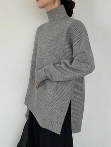 FRIFUL 女式纯色罗纹针织高领宽松休闲套头衫，侧开衩下摆，秋季 - 灰色 - 查看 5