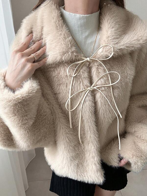 FRIFUL Women's Solid Color Lapel Drawstring Tie Casual Versatile Faux Fur Jacket, Autumn/Winter