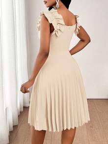 SHEIN Lady 女式纯色荷叶边下摆百褶时尚迷你连衣裙 - 杏色 - 查看 2