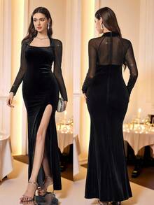 Coutiva Women's Formal Evening Gown With Pleated Detailing, Fitted Silhouette And Side Slit Black Velvet Dress Black Mesh Dress Black Glitter Dress Black Club Dress