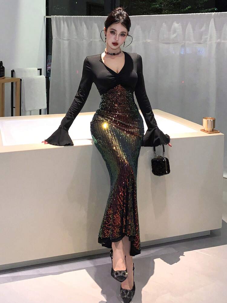 Women's Elegant Sequin Patchwork V-Neck Flared Sleeve Midi Dress, Autumn Prom Dress New Years Women Outfit Carnival Sparkly Dress