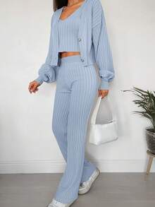 EURMUSE 女式休闲简约纯色针织背心、开衫和裤子三件套，秋冬