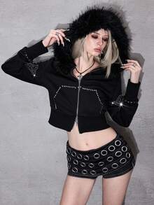 ROMWE Avant Y2K亚文化深色修身十字水钻装饰卫衣 - 黑色 - 查看 6