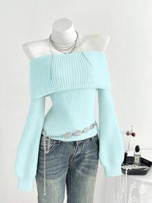 Elamini Casual Versatile Solid Color Off-Shoulder Lantern Sleeve Sweater - Blue - View 3