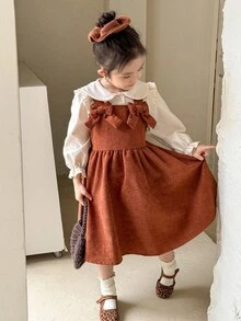 SHEIN 年轻女孩休闲领口纽扣长袖衬衫/围裙套装 - 彩色 - 查看 7