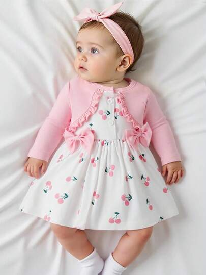 SHEIN Newly Born Baby Girl Pink Long Sleeved Patchwork Floral Bow Dress With Elegant, Sweet And Cute Headband, Suitable For Daily Outdoor Leisure Activities In Autumn