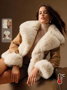 Anewsta Fashionable & Versatile Faux Rabbit Fur & Suede Composite Jacket, Autumn/Winter - Brown - View 3