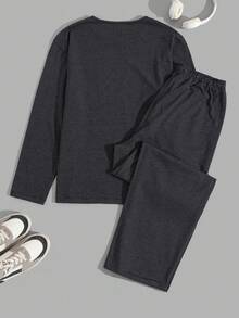 EURMUSE Men Stripe Printed Fabric With Pocket Regular Longsleeve & Pants Homewear Set - Navy Blue - View 2