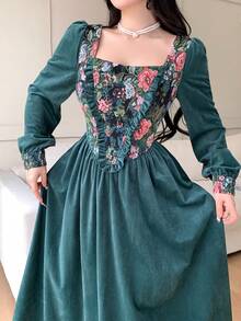 Feyla Elegant Jacquard Patchwork Long Dress For Women French Green Floral Autumn's Winter Christmas - Green - View 2