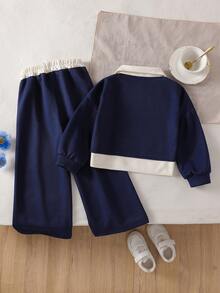 2件套年轻女孩时尚宽松运动衫和松紧腰阔腿裤套装，春秋 - 藏蓝色 - 查看 2