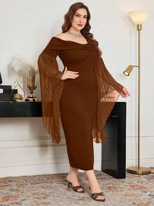 Modelyn Figurbetontes Kleid in Große Größen für Damen mit Off-Shoulder Twist-Einsatz, Raffung in der Taille, schlanker Passform und Schlitz am Saum - Braun - Übersicht 6