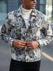 Manfinity Homme Chaqueta casual de moda retro con jacquard para hombre, camisa con estampado para hombre, camisa floral para hombre, camisa de botones con estampado abstracto de manga larga para hombre, camisa gráfica para hombre - Multicolor - Ver 5