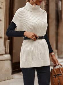 EMERY ROSE 女士休闲纯色高领针织背心，秋冬 - 米色 - 查看 3