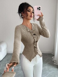 Elenzga 优雅浪漫蝴蝶结装饰长袖T恤，适合度假和通勤