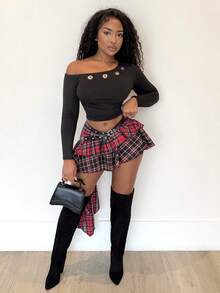 Alexandranx Gyaru Concert Boho 度假夏季超低腰撞色格子荷叶边不对称蕾丝拼布裙 - 彩色 - 查看 3