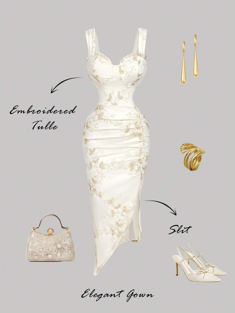 SHEIN MOD Váy midi thêu hoa thanh lịch viền bất đối xứng dành cho nữ - Màu be - Xem 1