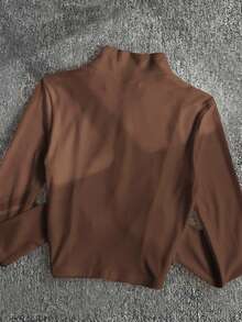 IslaSuriya 女式 Polo 图案羊毛夹克，秋季休闲街头运动拉链修身长袖外套 - 棕色 - 查看 3
