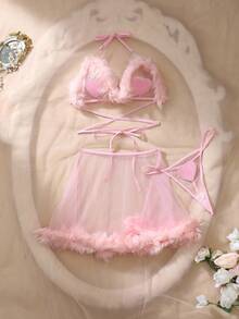 女士性感内衣套装（胸罩、裙子、内裤） - 粉色 - 查看 3
