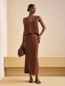 Zivah 2025 Nouvel ensemble deux pièces élégant d'été et d'automne avec décoration métallique ample pour débardeur + jupe trapèze taille haute. Convient pour les vacances, les sorties, les rendez-vous, les voyages en avion, le quotidien, les dates, la remise des diplômes, la rentrée, le style bohème, l'élégance