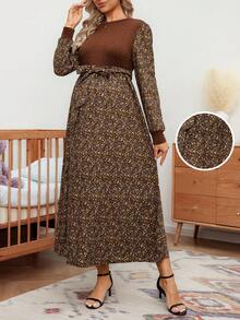SHEIN Vestido de maternidad con cintura anudada y estampado floral vintage, elegante para el otoño - Multicolor - Ver 1
