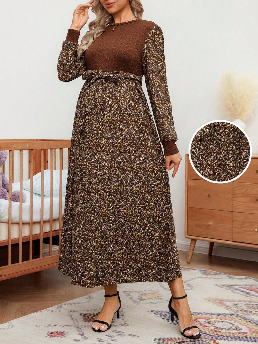 SHEIN Vestido de maternidad con cintura anudada y estampado floral vintage, elegante para el otoño - Multicolor - Ver 1